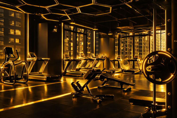 Ein Paar beim Gewichtheben in einem lebhaften Fitnessstudio mit motivierender Wandkunst.